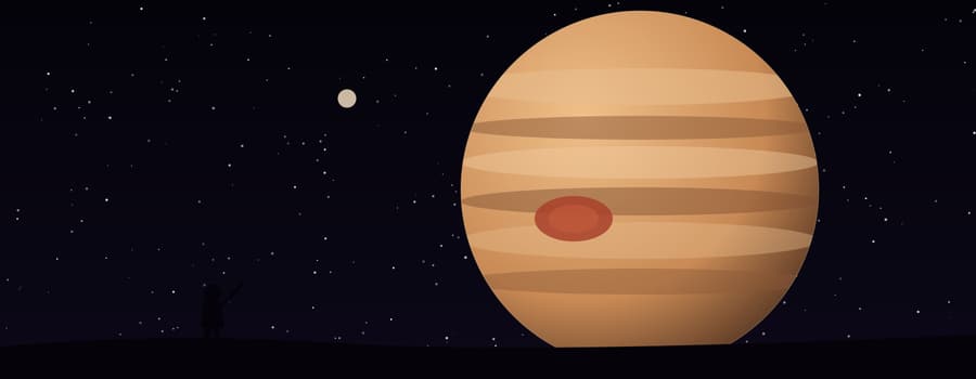 A child pointing up at Jupiter, banded and enormous above a dark horizon