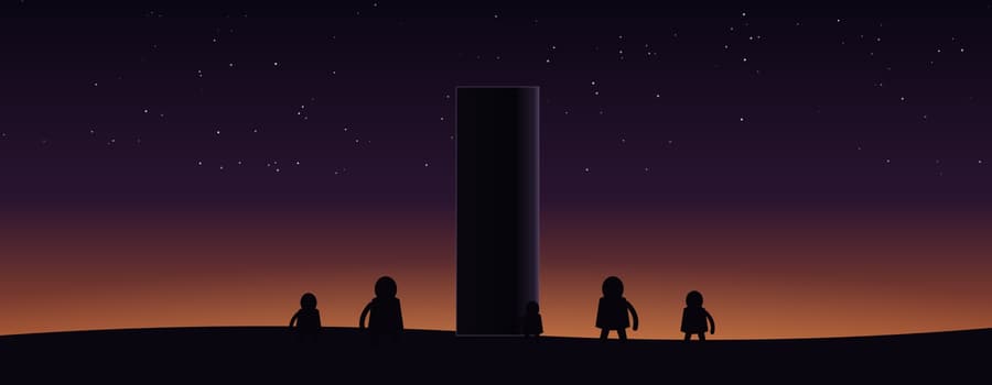 A tall black slab standing on a plain at dawn, small figures gathered around it